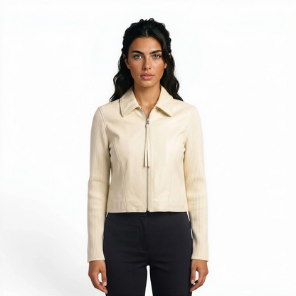 Lamb Leather Trim Knit Jacket