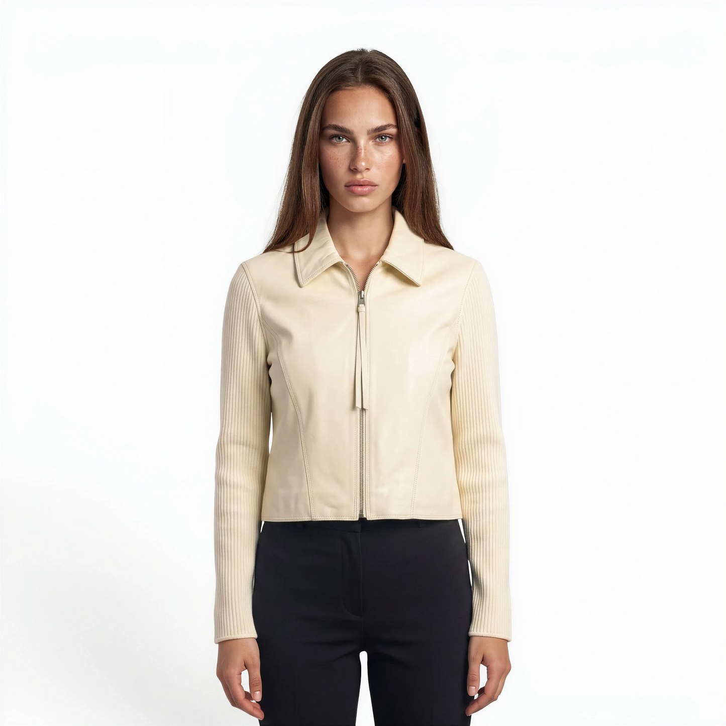 Lamb Leather Trim Knit Jacket