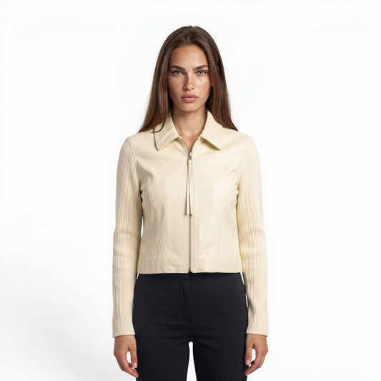 Lamb Leather Trim Knit Jacket
