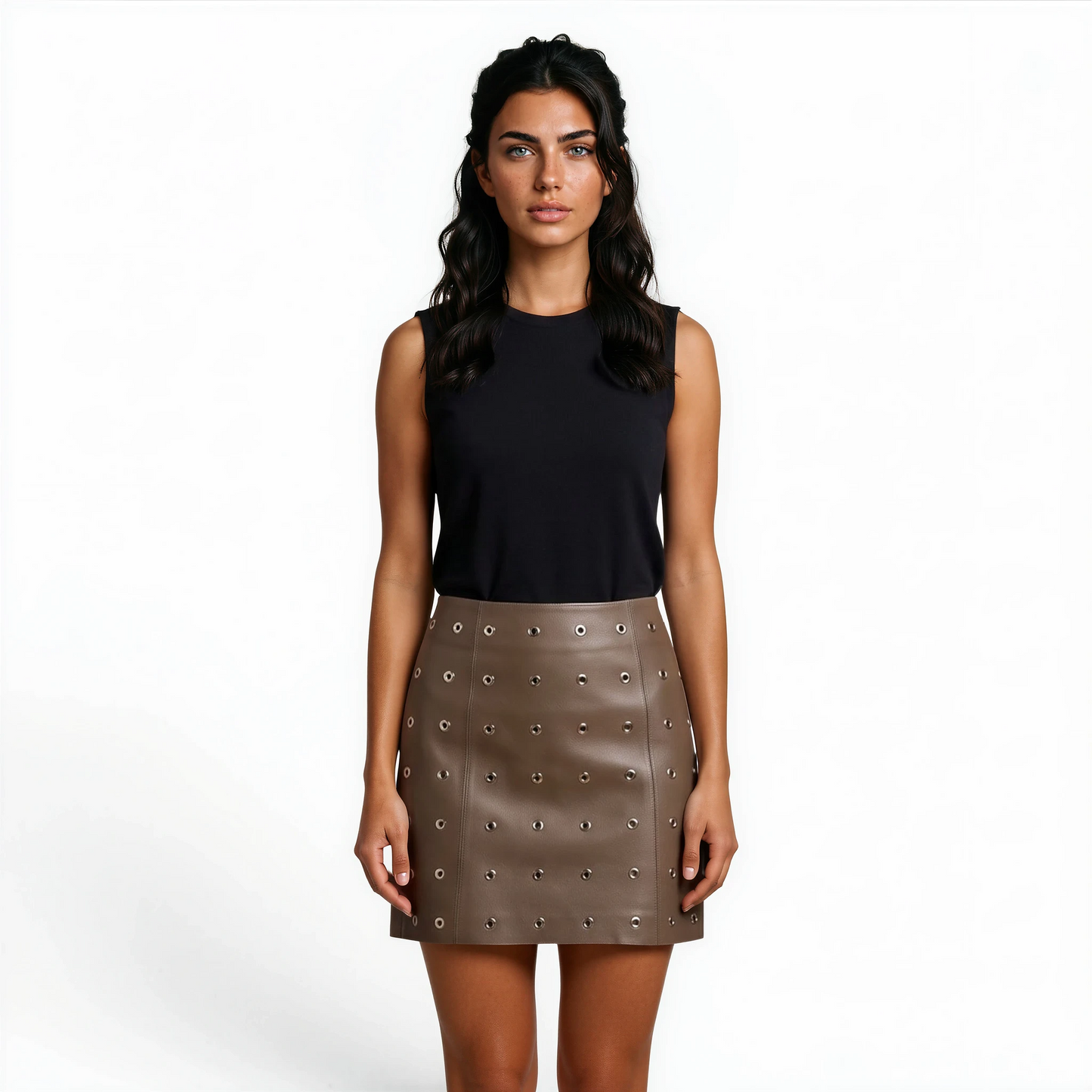 Grommet Trimmed Lamb Leather Skirt 21"/23"