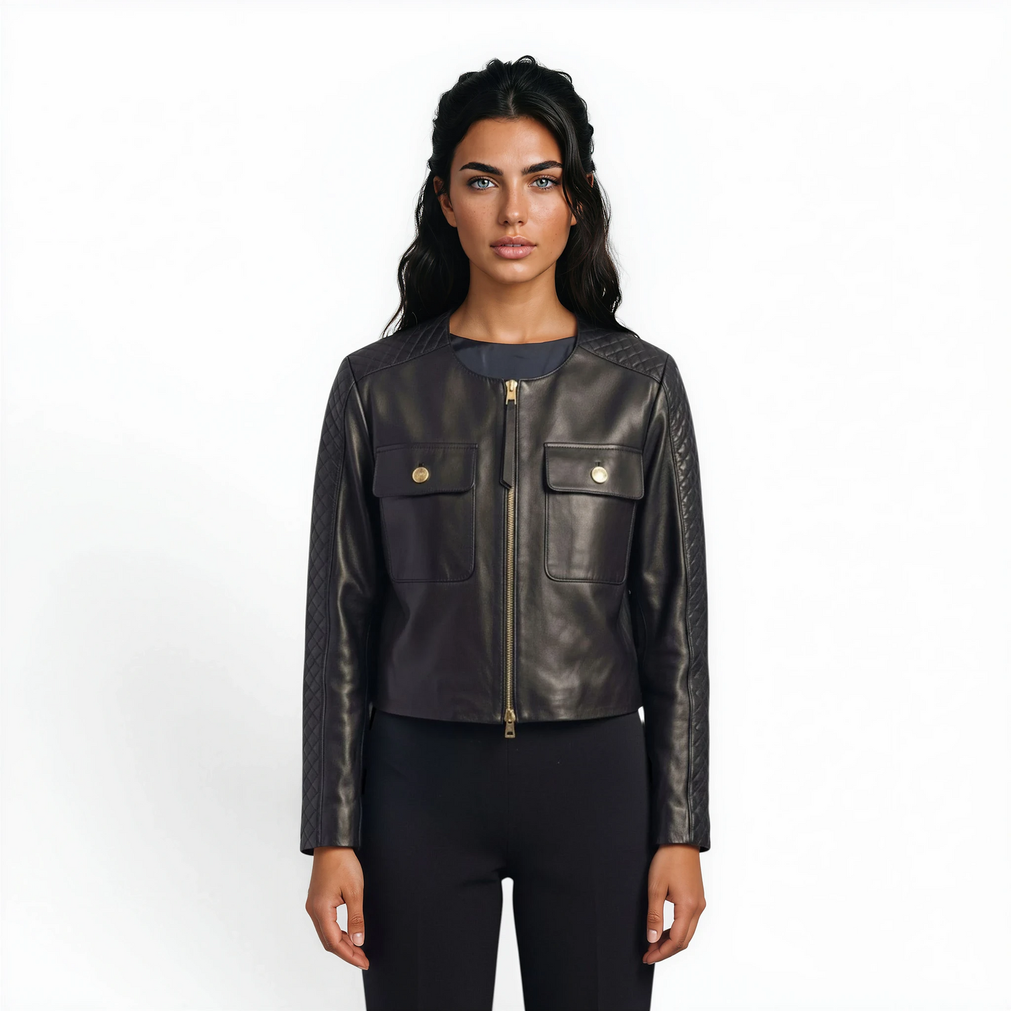 Cut & Stitched Cropped Lamb Leather Jacket