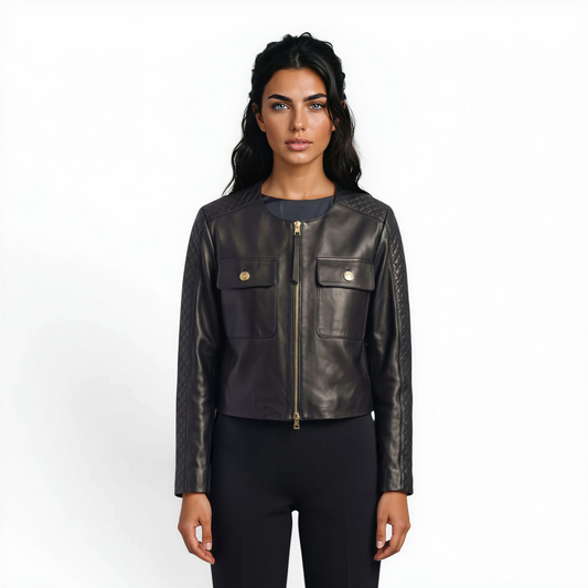 Cut & Stitched Cropped Lamb Leather Jacket