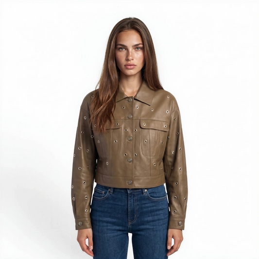 Cropped Grommet Trim Lamb Leather Jacket
