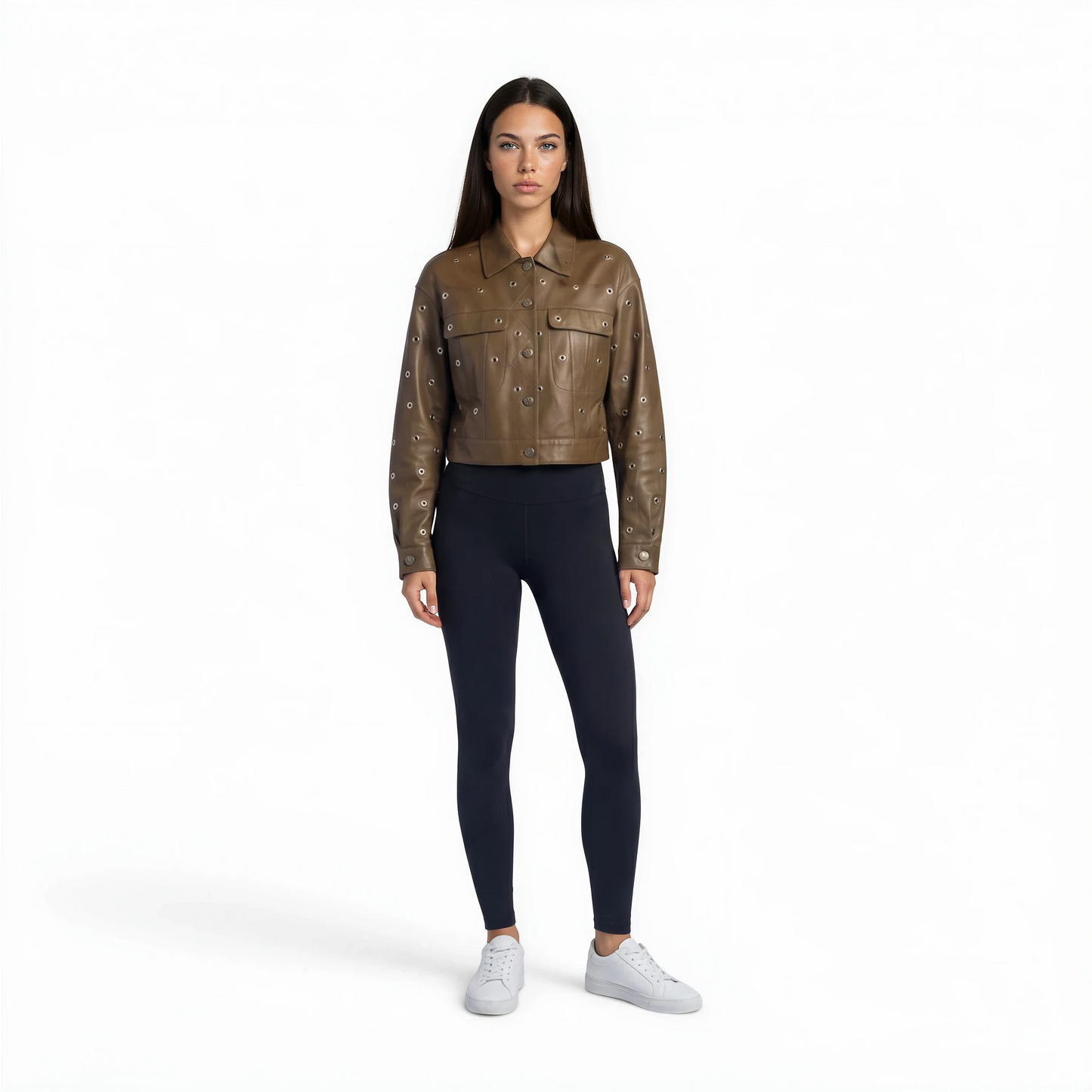 Cropped Grommet Trim Lamb Leather Jacket