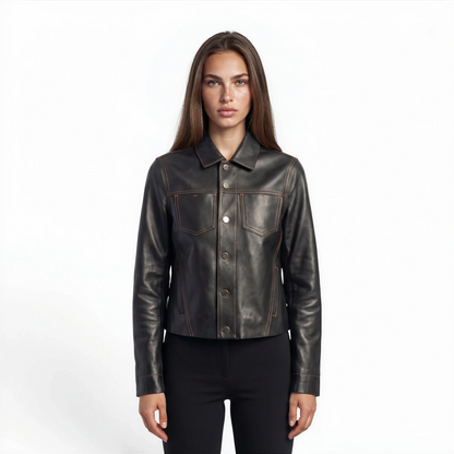 Stitched Two Pocket Lamb Leather Jean Jacket