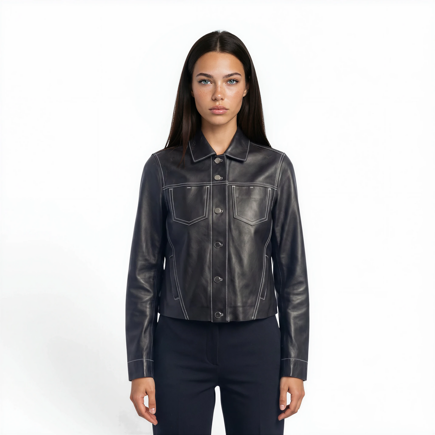 Stitched Two Pocket Lamb Leather Jean Jacket