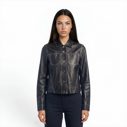 Stitched Two Pocket Lamb Leather Jean Jacket