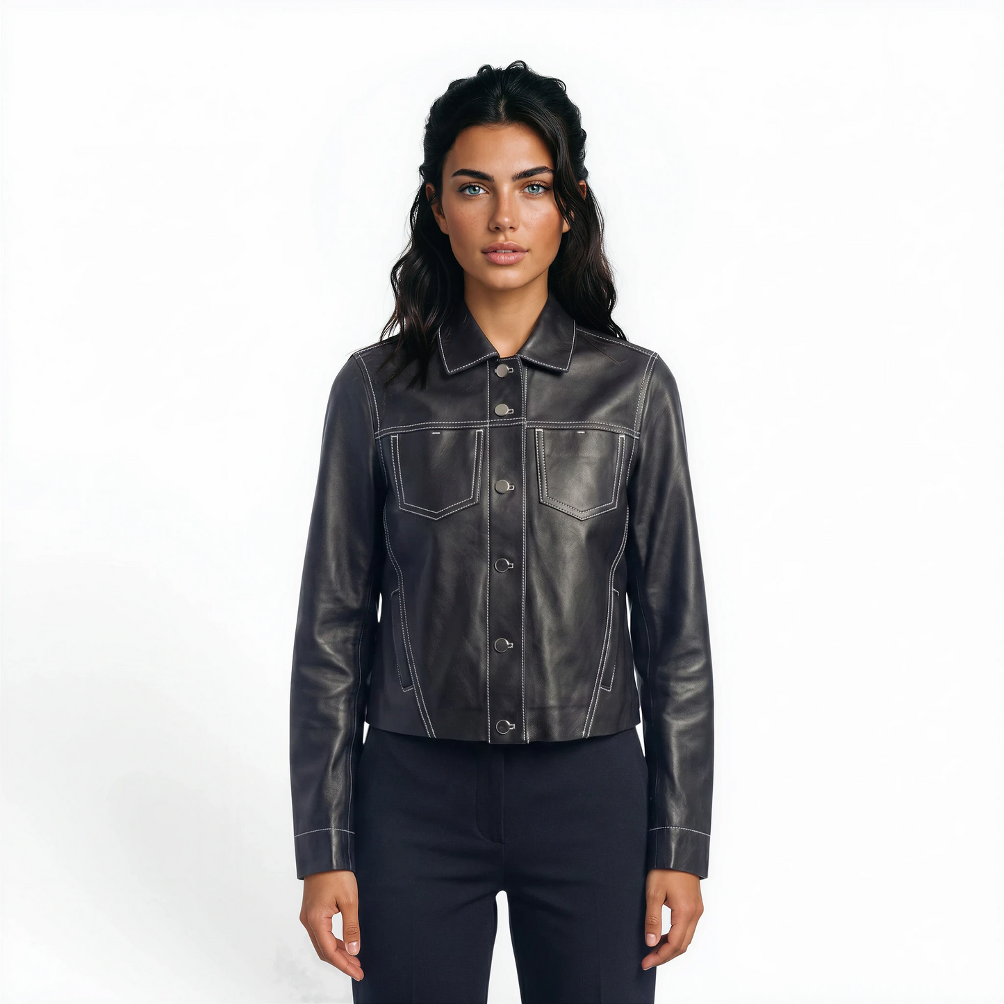 Stitched Two Pocket Lamb Leather Jean Jacket