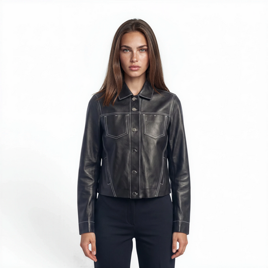 Stitched Two Pocket Lamb Leather Jean Jacket