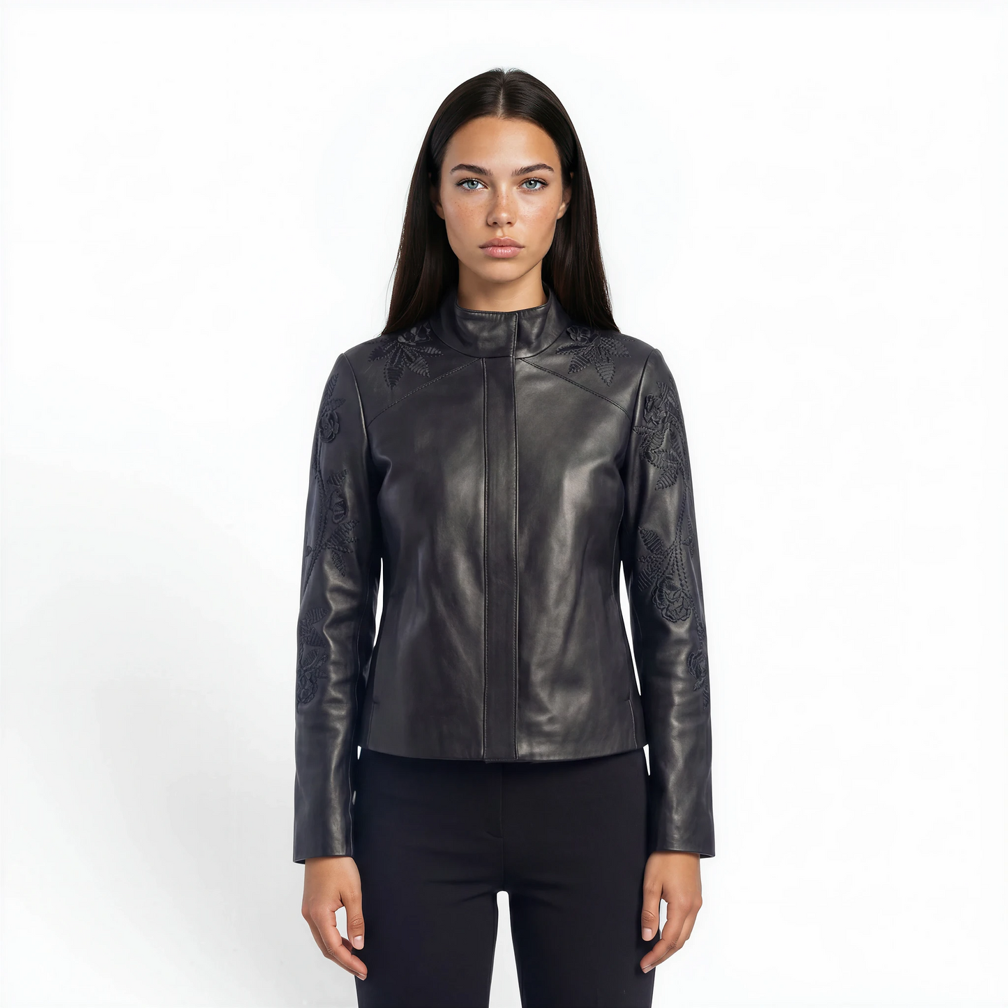 Embellished Stand Collar Bomber Lamb Leather Jacket