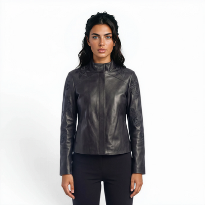 Embellished Stand Collar Bomber Lamb Leather Jacket