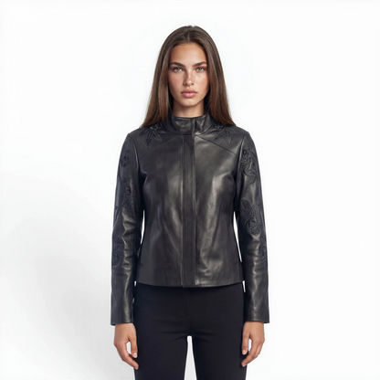 Embellished Stand Collar Bomber Lamb Leather Jacket