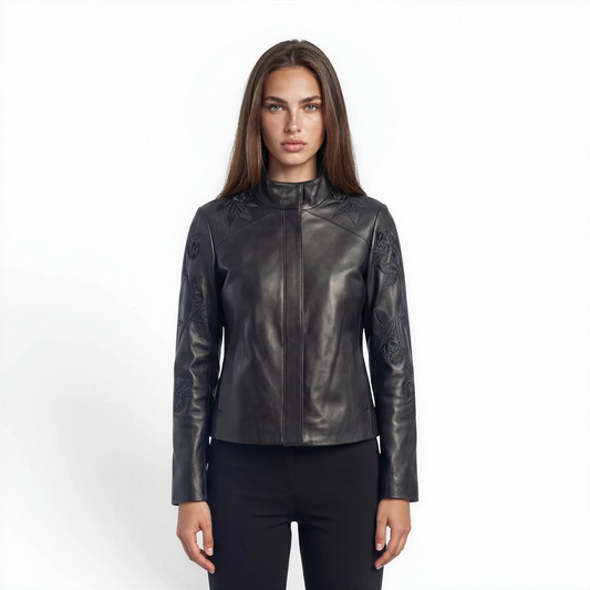 Embellished Stand Collar Bomber Lamb Leather Jacket