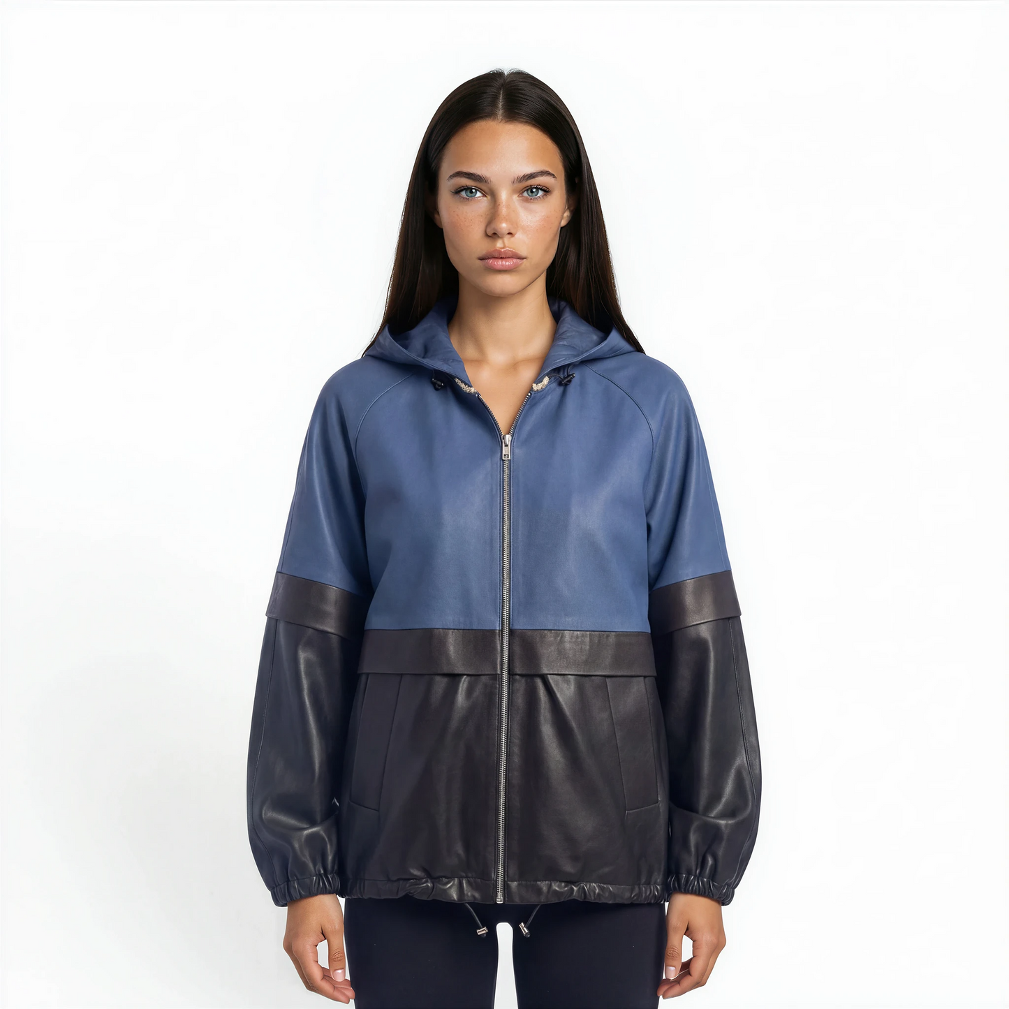 Color Blocked 3/4 Bomber Lamb Leather Jacket