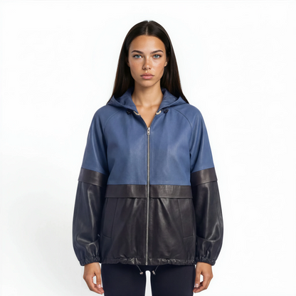Color Blocked 3/4 Bomber Lamb Leather Jacket