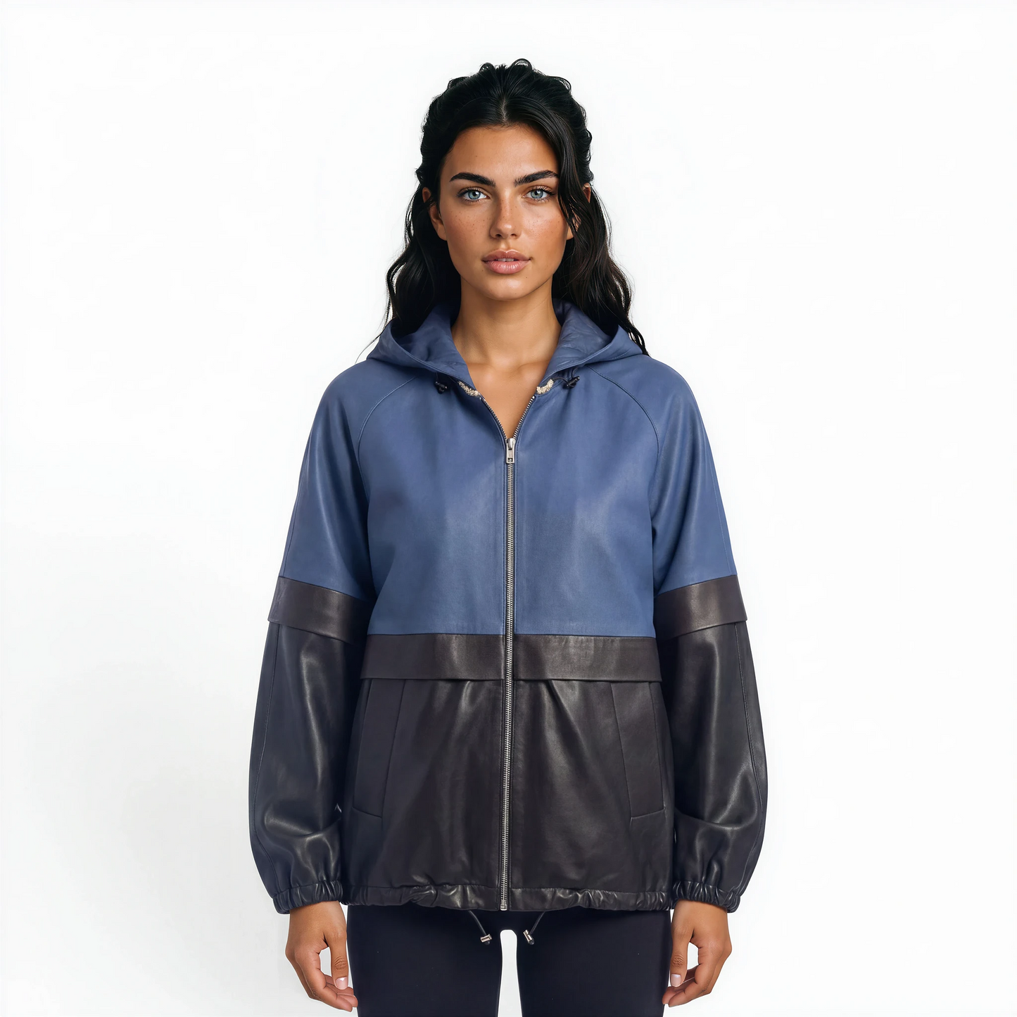 Color Blocked 3/4 Bomber Lamb Leather Jacket