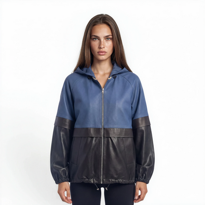 Color Blocked 3/4 Bomber Lamb Leather Jacket