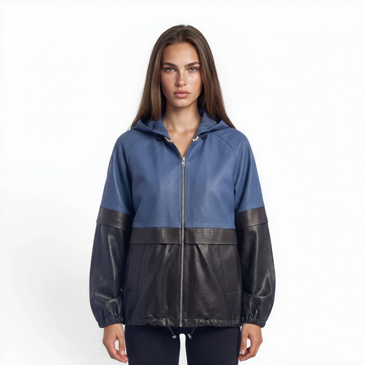 Color Blocked 3/4 Bomber Lamb Leather Jacket