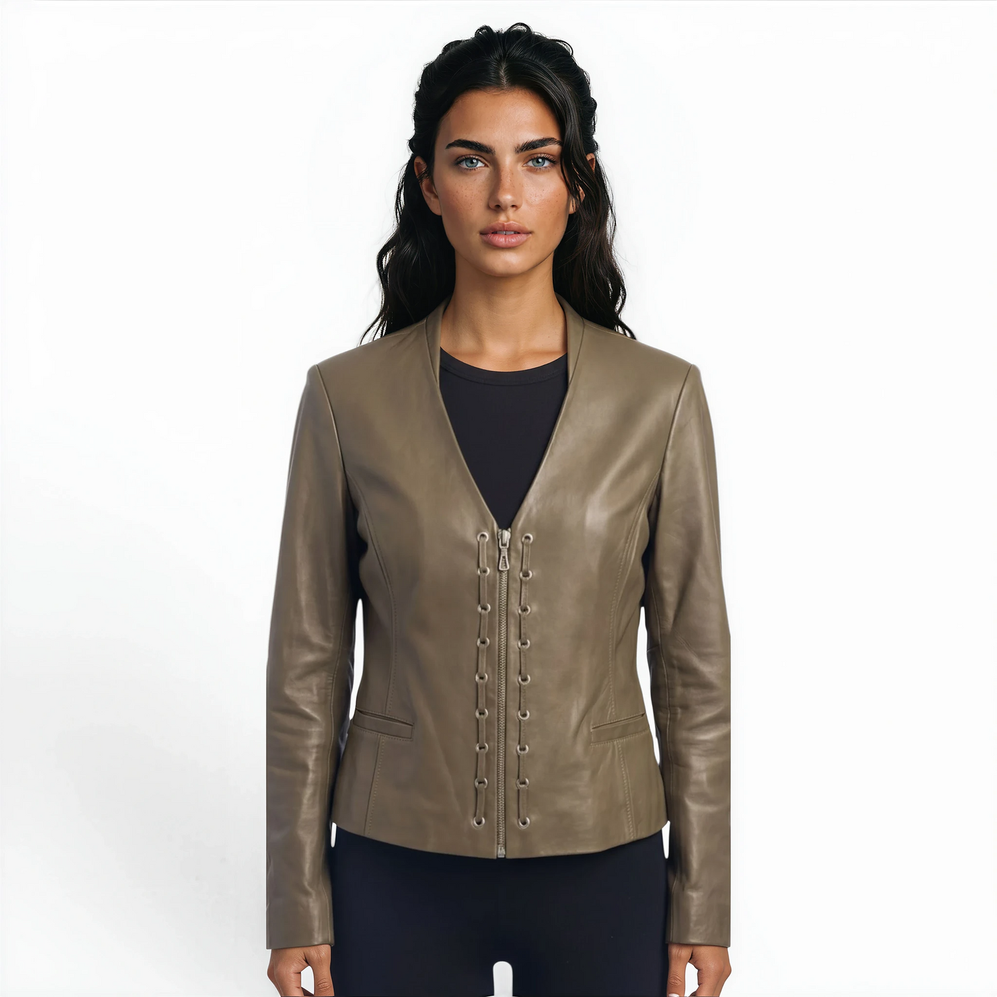 V-Neck Grommet Lamb Leather Jacket