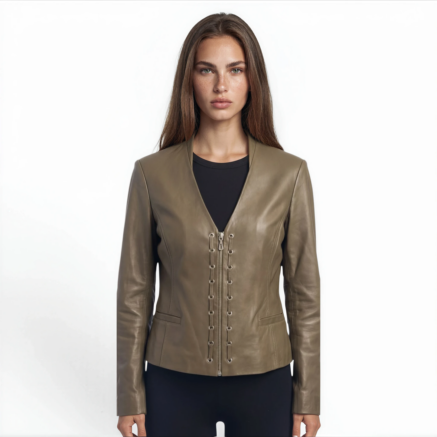 V-Neck Grommet Lamb Leather Jacket