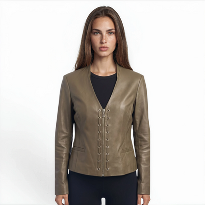 V-Neck Grommet Lamb Leather Jacket