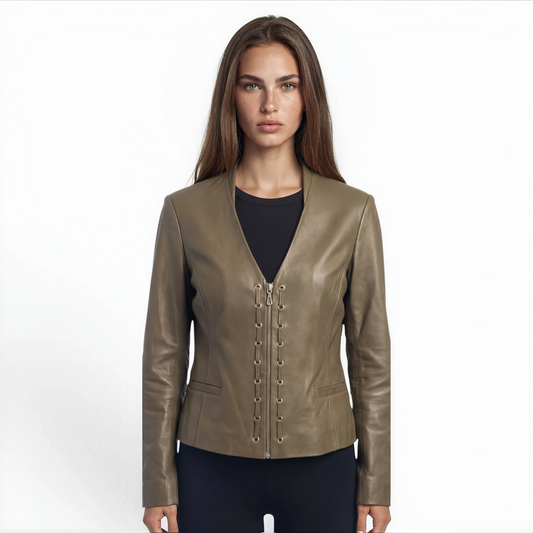 V-Neck Grommet Lamb Leather Jacket
