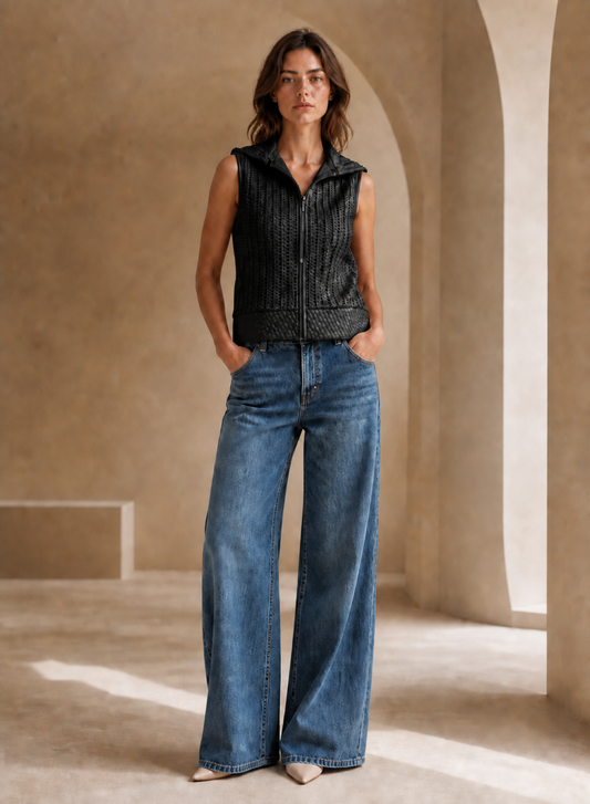Lamb Leather Woven Vest in Black BLACK / XS