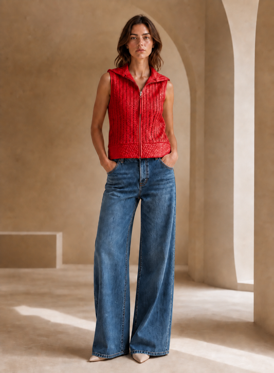 Lamb Leather Woven Vest in Red RED / XS