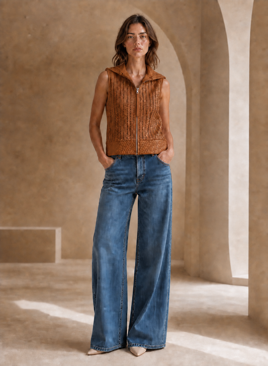 Lamb Leather Woven Vest in Saddle SADDLE / XS