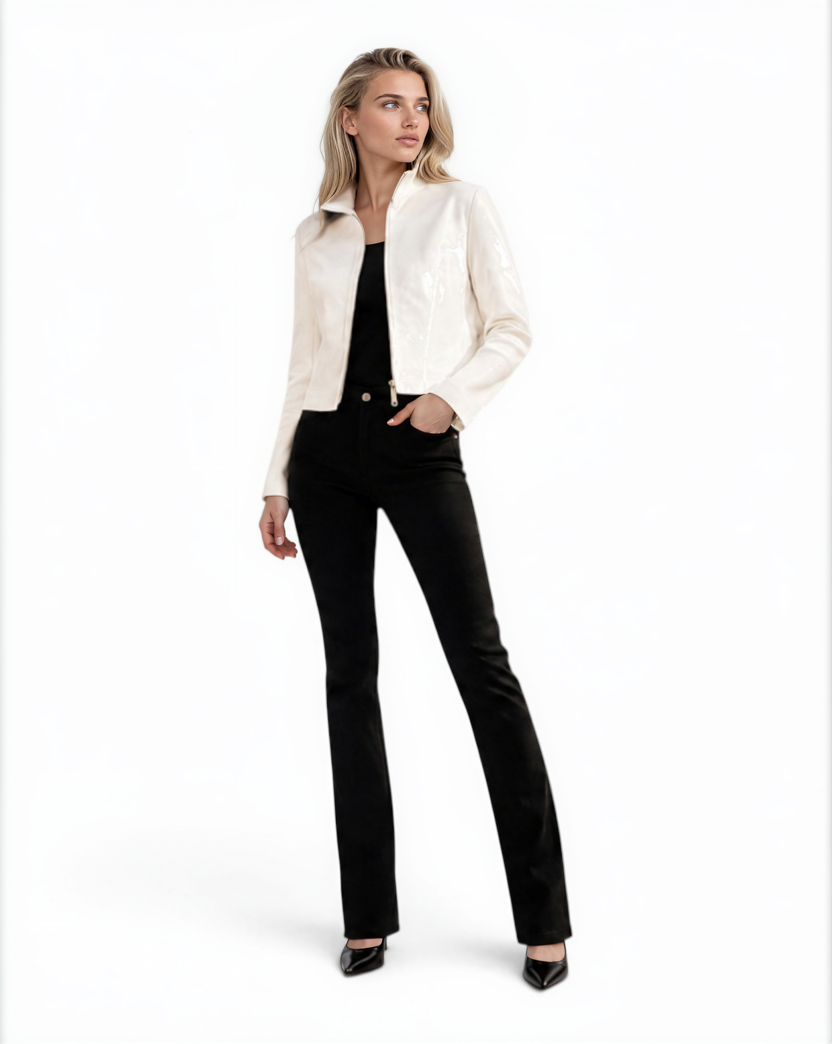 Lamb Leather Trim Knit Jacket BLACK / XS
