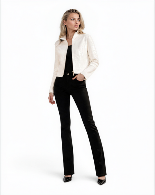 Lamb Leather Trim Knit Jacket BLACK / XS