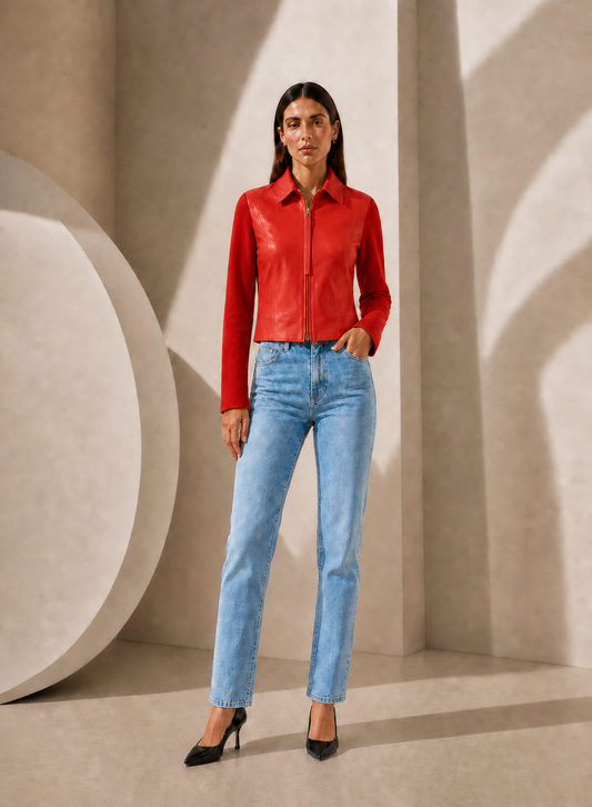Zip Front Lamb Leather Moto Jacket in Poppy Red POPPY RED / XS