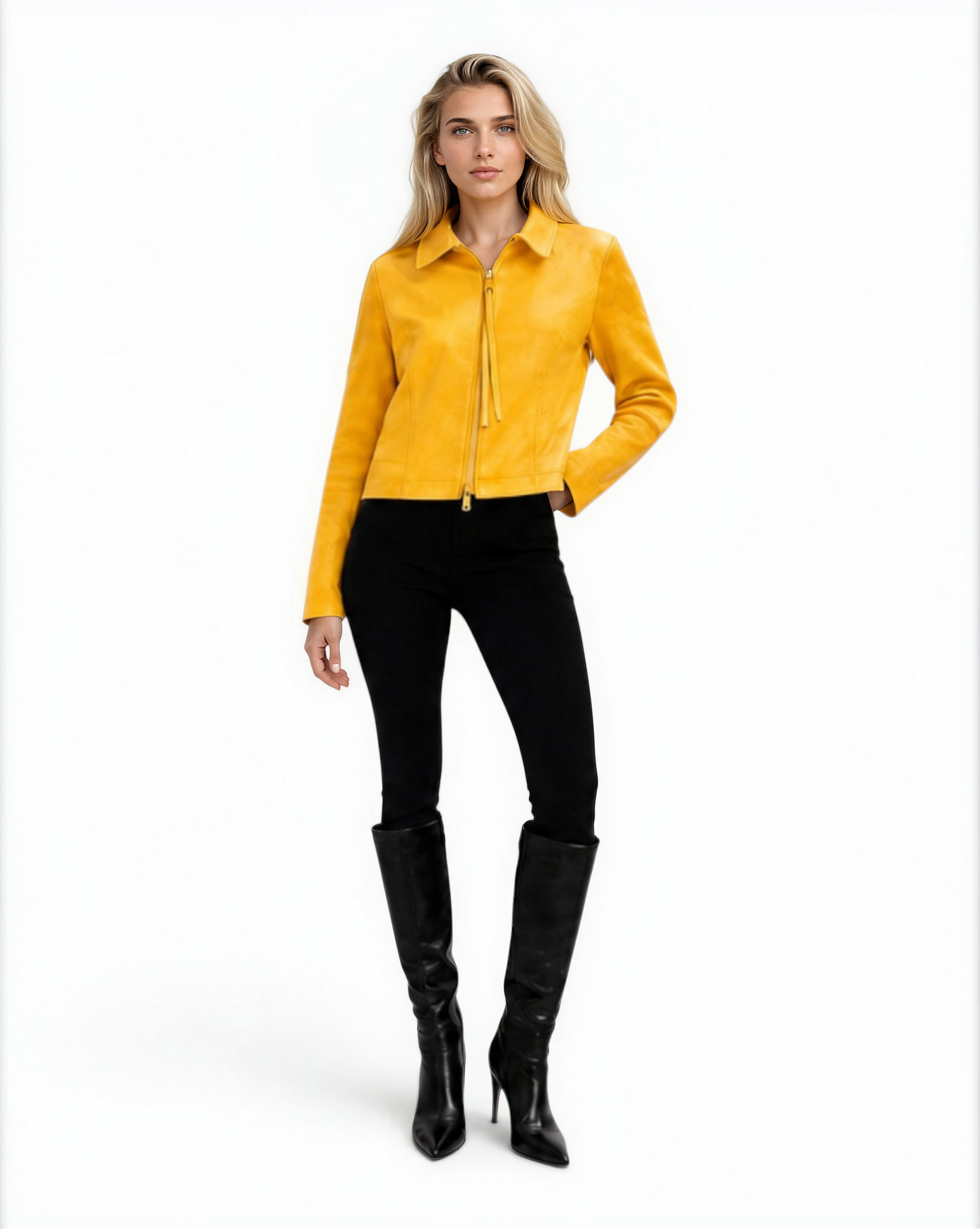 Lamb Leather Trim Knit Jacket BLACK / XS