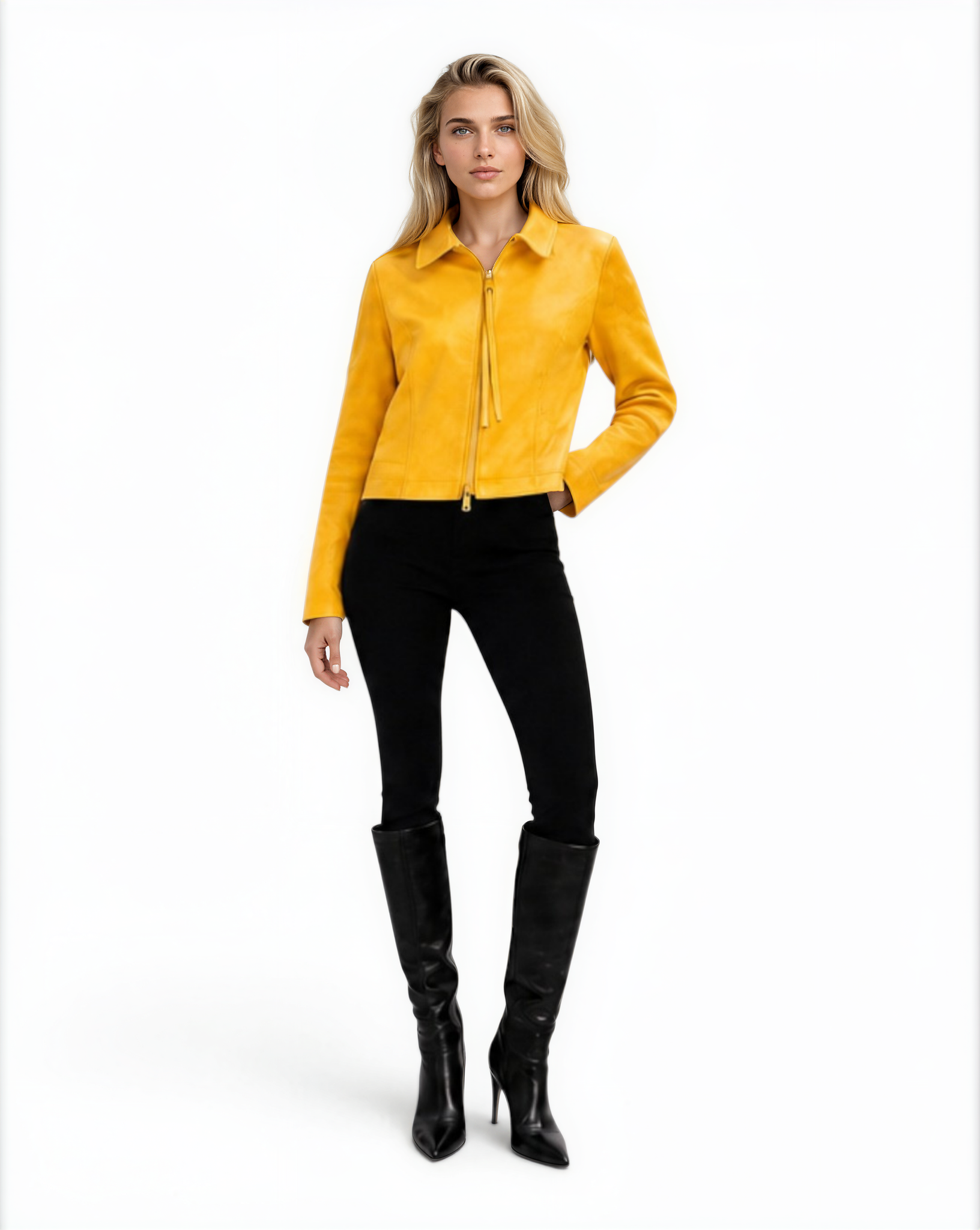 Lamb Leather Trim Knit Jacket BLACK / XS