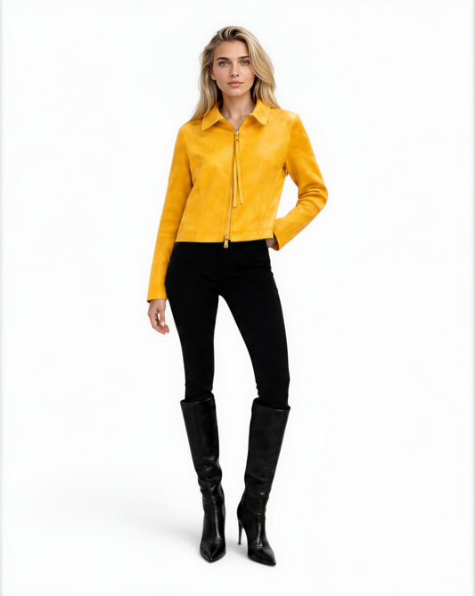 Lamb Leather Trim Knit Jacket BLACK / XS