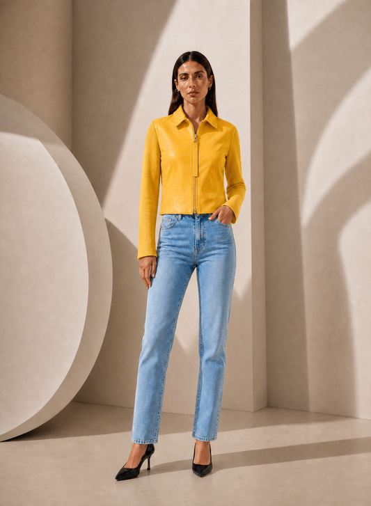 Zip Front Lamb Leather Moto Jacket in Sunburst Yellow SUNBURST YELLOW / XS