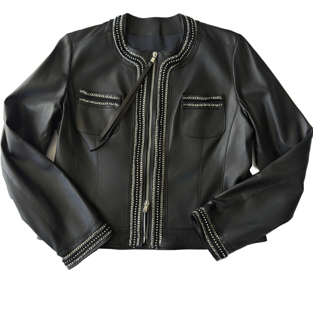<P>NERLA<BR> ROUND NECK EMBELLISHED LAMB LEATHER JACKET</P>