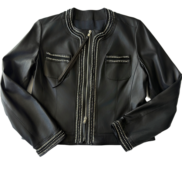 <P>NERLA<BR> ROUND NECK EMBELLISHED LAMB LEATHER JACKET</P>