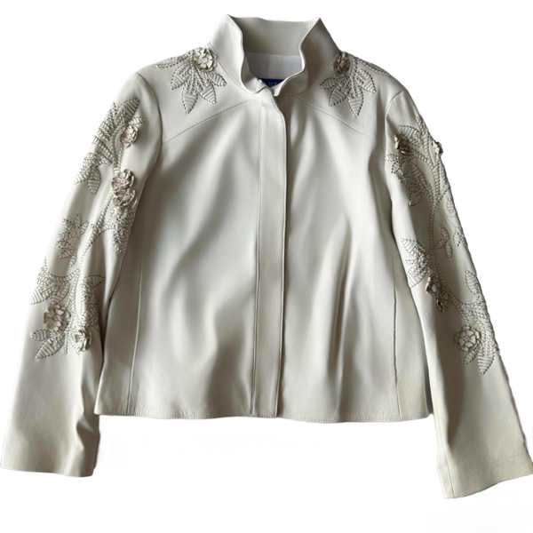 <P>3242<BR> EMBELLISHED STAND COLLAR BOMBER LAMB LEATHER JACKET (ADDITIONAL COLORS)</P>
