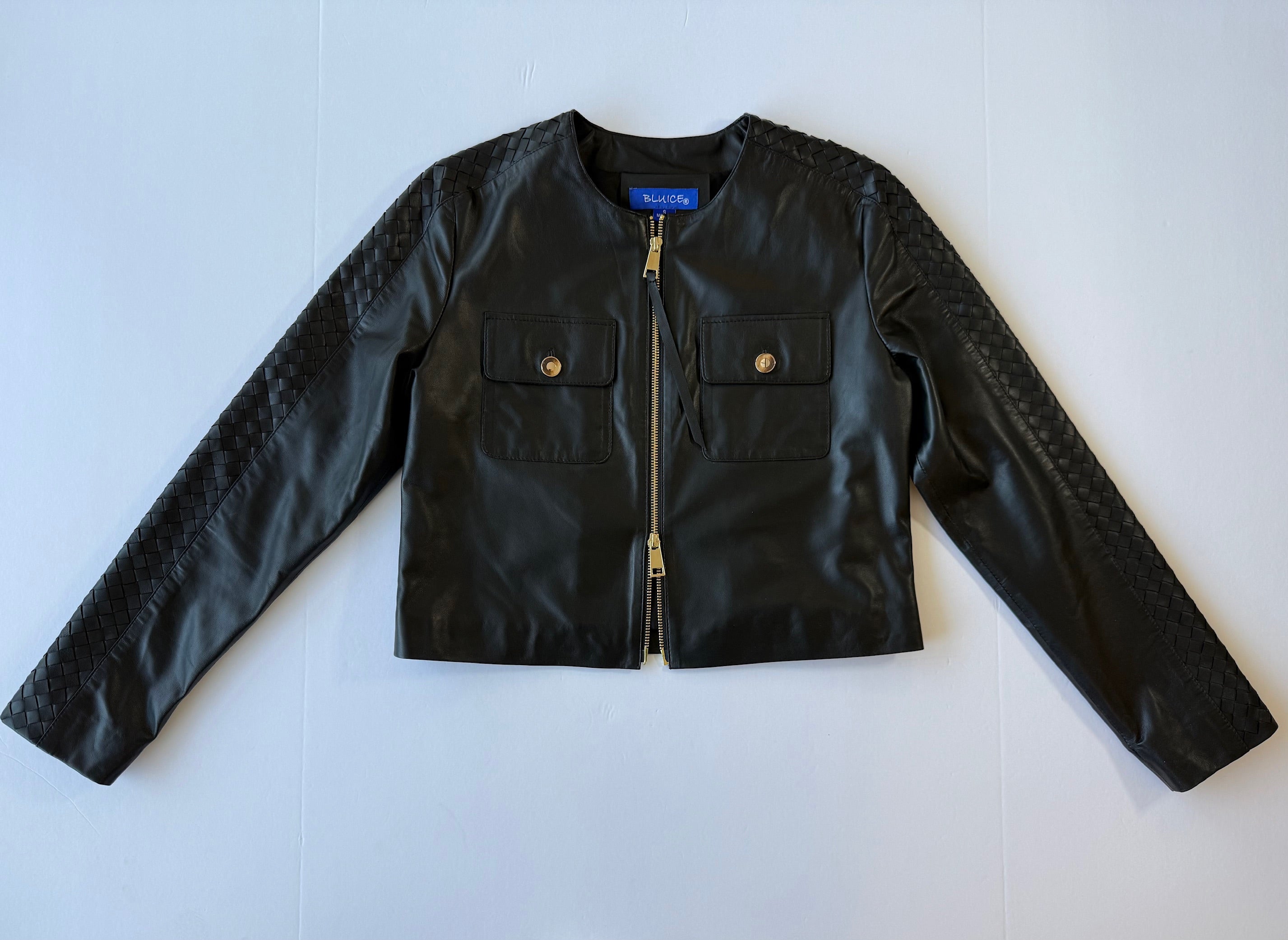 <P>2324L<BR> LAMB LEATHER TWO POCKET WOVEN TRIMMED JACKET </P>