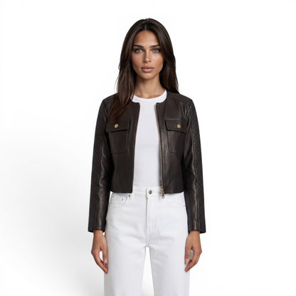 Cut & Stitched Cropped Lamb Leather Jacket