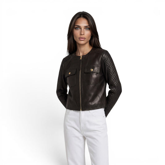 Cut & Stitched Cropped Lamb Leather Jacket