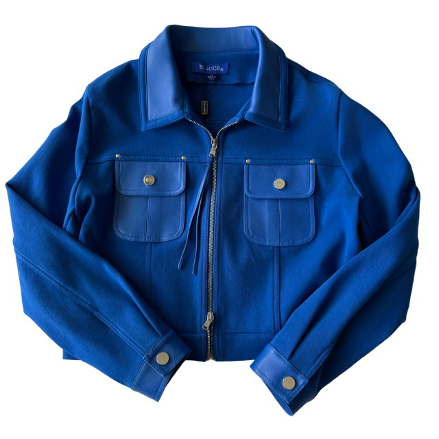 <P>122A<BR>  LAMB LEATHER TRIM KNIT JACKET</P>