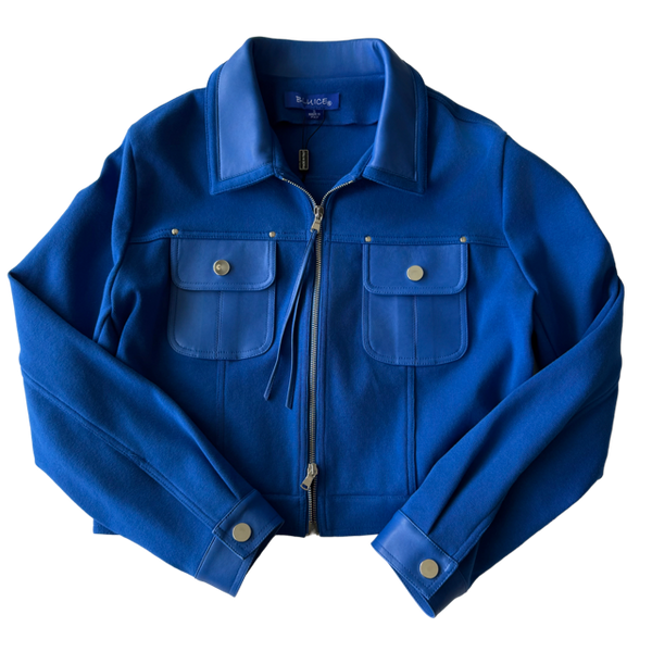 <P>122A<BR>  LAMB LEATHER TRIM KNIT JACKET</P>