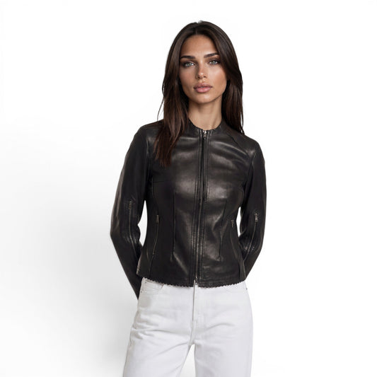 Round Neck Double Zip Lamb Leather Jacket