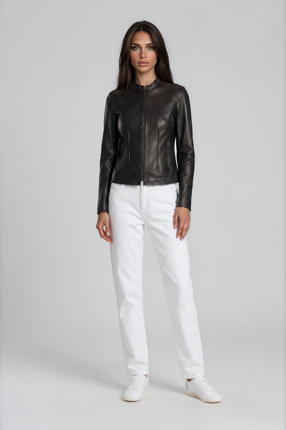 Round Neck Double Zip Lamb Leather Jacket