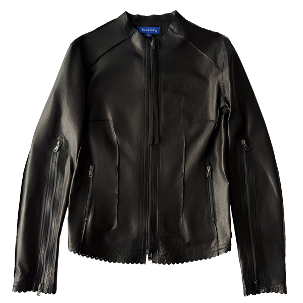 <P>31179<BR> ROUND NECK DOUBLE ZIP LAMB LEATHER JACKET</P>