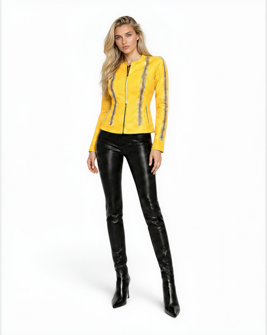 Zip Detail Collarless Lamb Leather Jacket in Sunburst Yellow