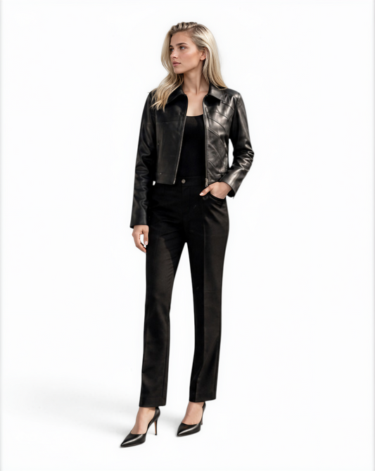 Point Collar Cropped Lamb Leather Jacket in Black