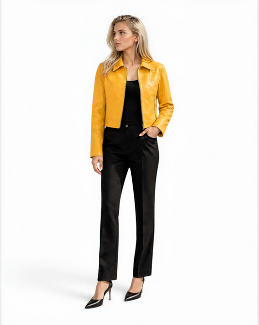 Point Collar Cropped Lamb Leather Jacket in Sunburst Yellow